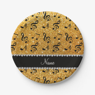 Personalised name yellow glitter music notes paper plate