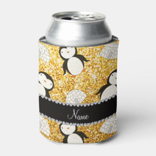 Personalised name yellow glitter penguins igloos can cooler
