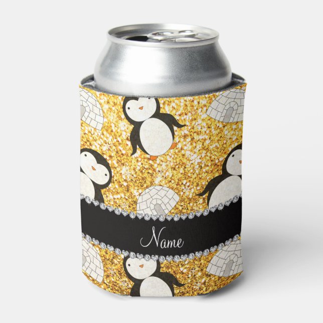 Personalised name yellow glitter penguins igloos can cooler (Can Front)