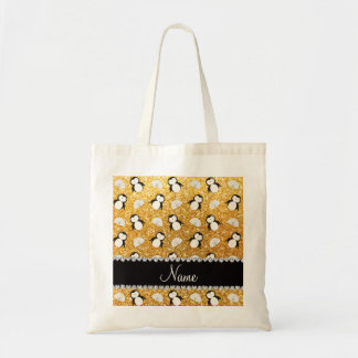 Personalised name yellow glitter penguins igloos tote bag