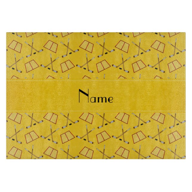 Personalised name yellow hockey pattern cutting board (Front)