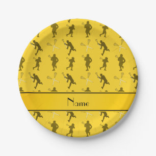 Personalised name yellow lacrosse silhouettes paper plate