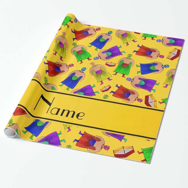 Personalised name yellow mexican wrestling wrapping paper (Unrolled)