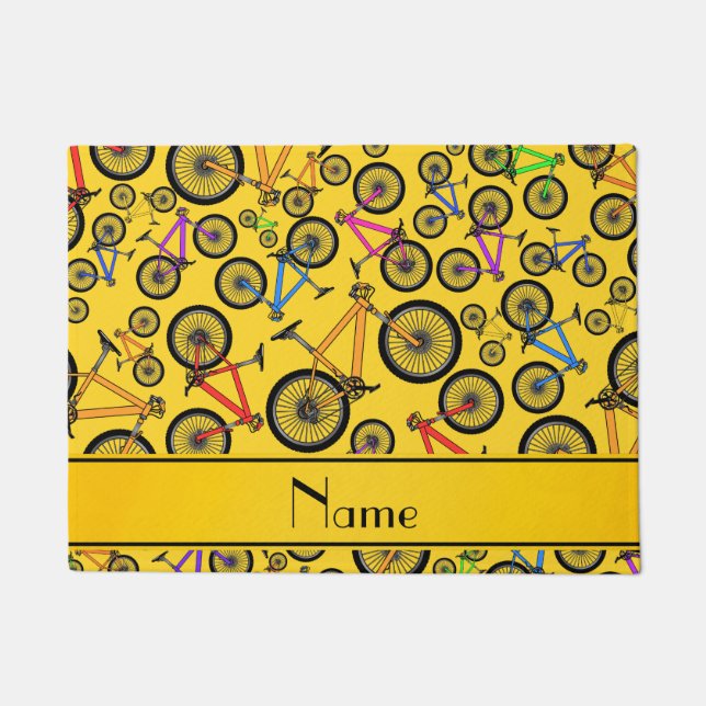 Personalised name yellow mountain bikes doormat (Front)