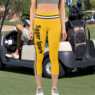 Personalised Name Yellow Orange Black White Stripe Capri Leggings