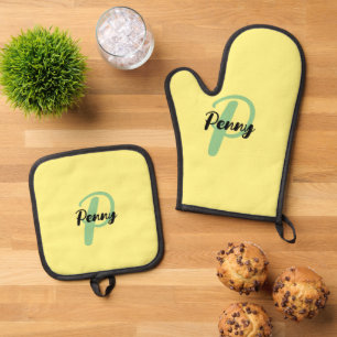 Personalised Name Yellow Oven Glove  Mitt & Pot Holder Set