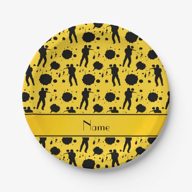 Personalised name yellow paintball pattern paper plate (Front)