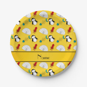 Personalised name yellow penguins igloo fish squid paper plate