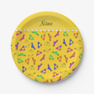 Personalised name yellow rainbow bikinis paper plate
