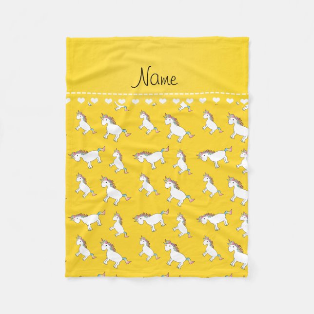 Personalised name yellow rainbow unicorns fleece blanket (Front)
