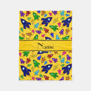 Personalised name yellow rocket ships fleece blanket