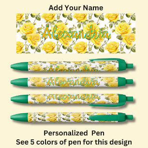 Personalised Name, Yellow Roses on Green Pen
