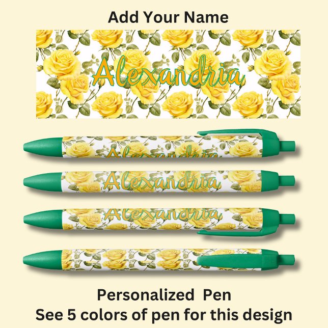 Personalised Name, Yellow Roses on Green Pen (Creator Uploaded)