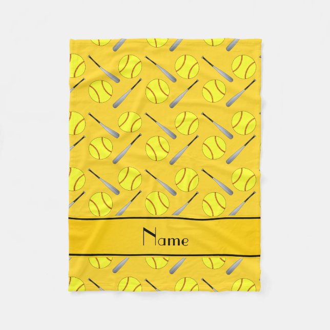 Personalised name yellow softball pattern fleece blanket (Front)