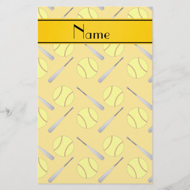 Personalised name yellow softball pattern stationery (Front)