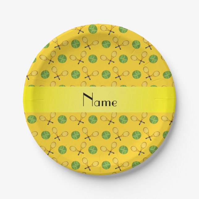 Personalised name yellow tennis balls paper plate (Front)