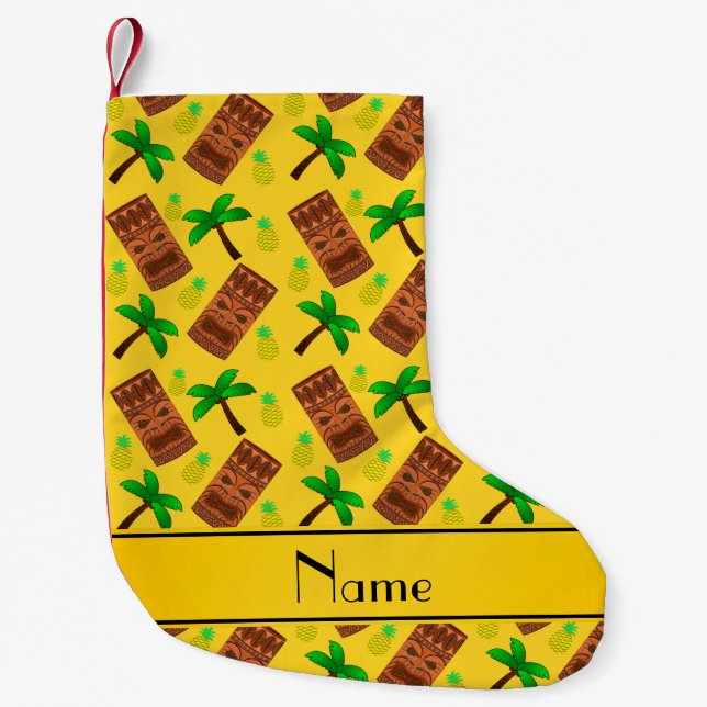 Personalised name yellow tiki pineapples palm tree small christmas stocking (Front)