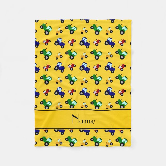 Personalised name yellow tractors fleece blanket (Front)