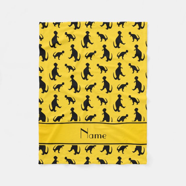 Personalised name yellow trex dinosaurs fleece blanket (Front)