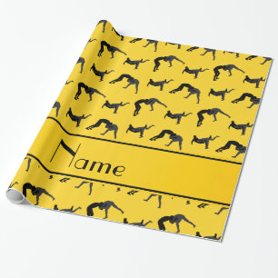 Personalised name yellow wrestling silhouettes wrapping paper