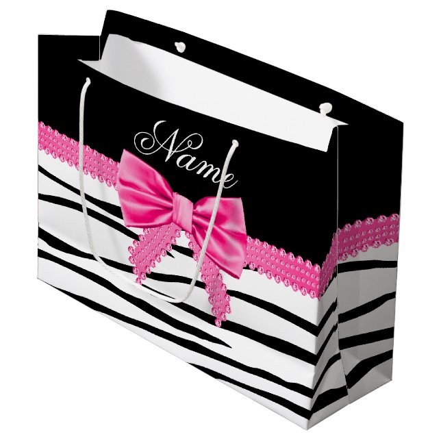 Personalised name zebra striped pink bow large gift bag (Front Angled)