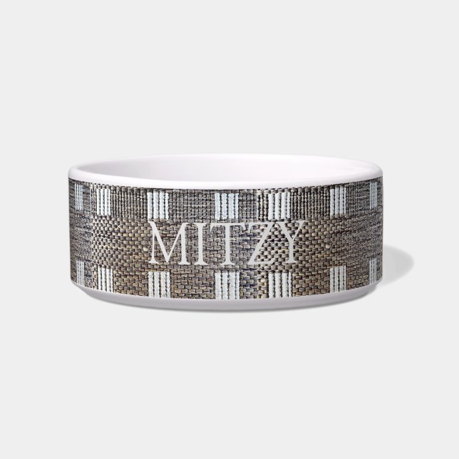 Personalised Named Grey & Off-White Squares Pet Bowl (Front)