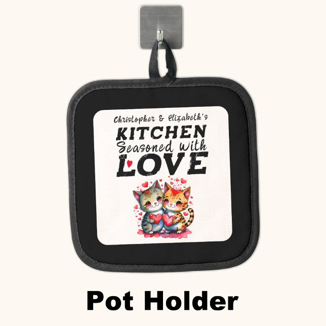 Personalised names kitchen cute cats black pot holder (Creator Uploaded)