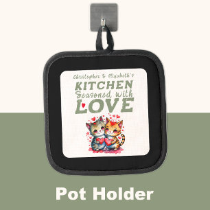 Personalised names kitchen cute cats green pot holder