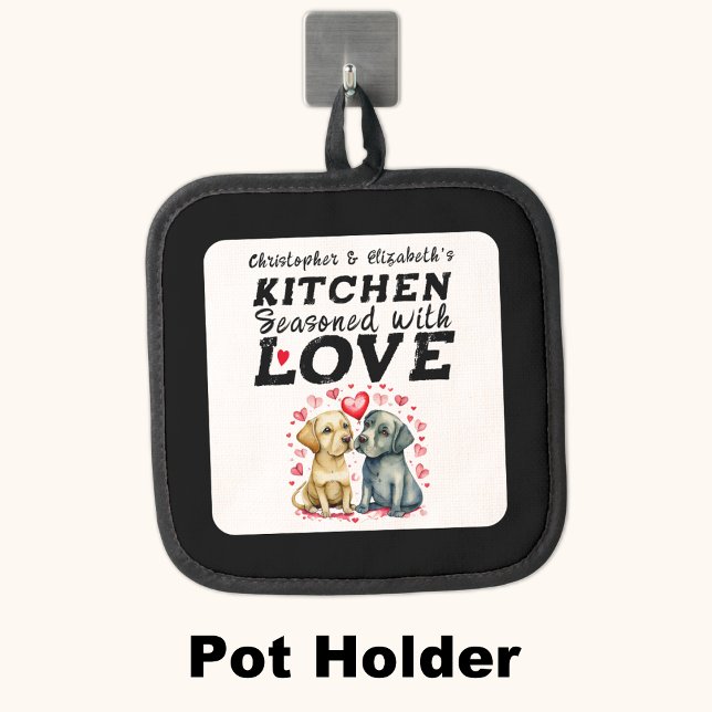 Personalised names kitchen cute dogs black pot holder (Creator Uploaded)