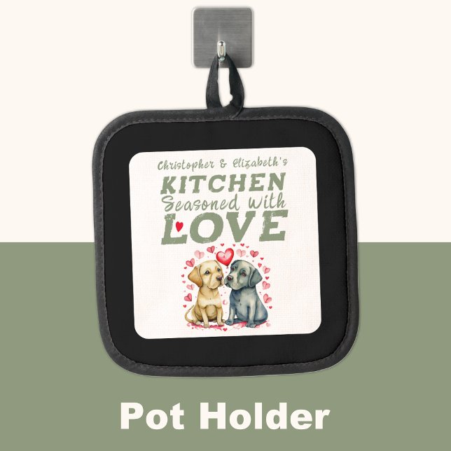 Personalised names kitchen cute dogs green pot holder (Creator Uploaded)