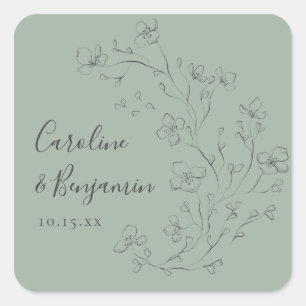 Personalised Names Sage Green Floral Wedding Favou Square Sticker