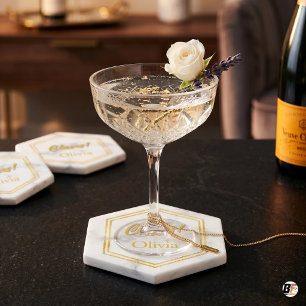 Personalised Namw 'Cheers!' Marble & Gold  Paper Coaster