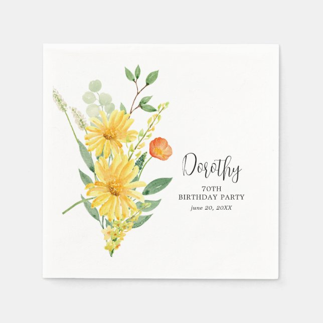 Personalised Napkins 70th Birthday Yellow Floral (Front)