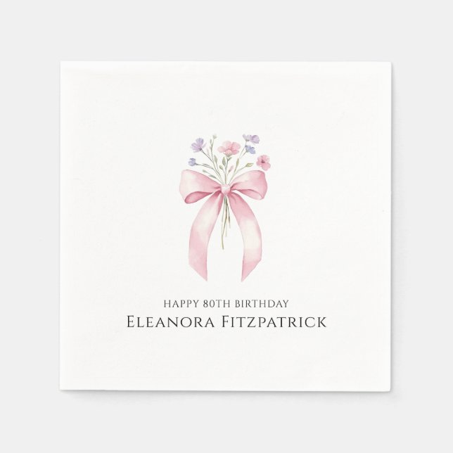 Personalised Napkins 80th Birthday Bow Wildflower (Front)
