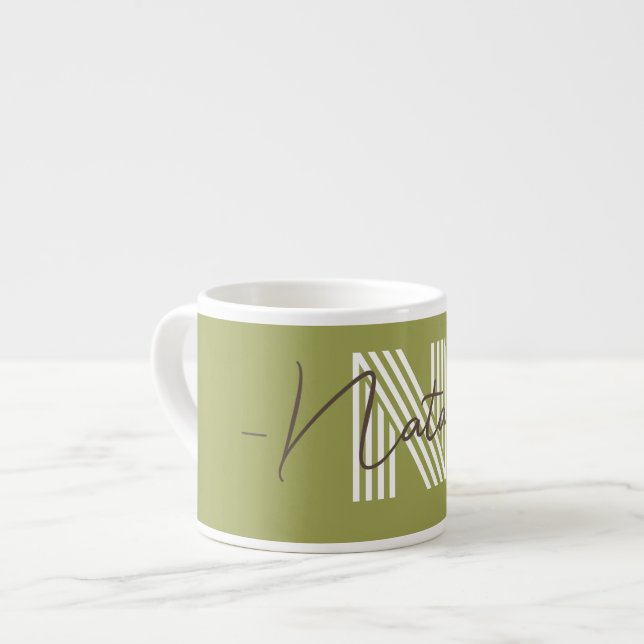 Personalised natural olive green with stylish font espresso cup (Front Left)