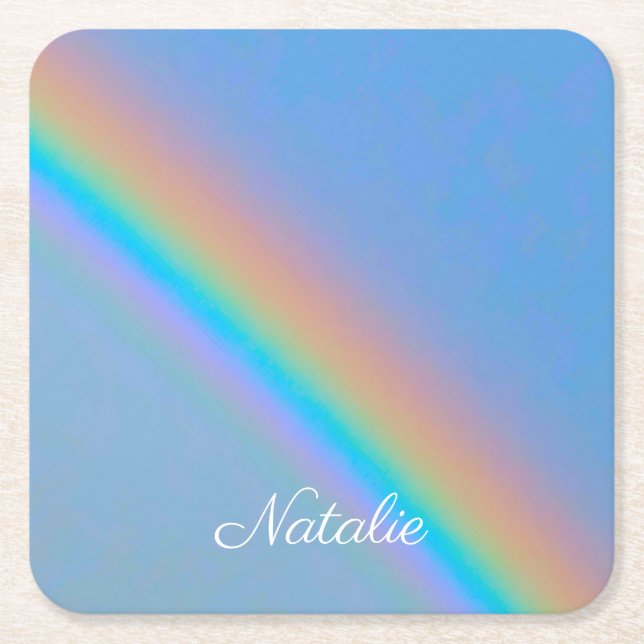 Personalised natural real rainbow square paper coaster (Front)