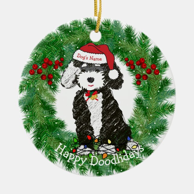 Personalised Naughty Bernedoodle Ceramic Tree Decoration (Front)