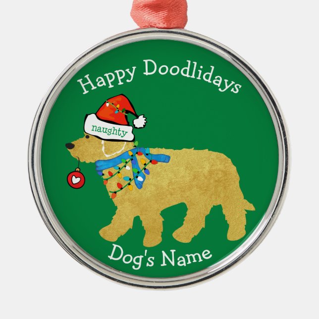 Personalised Naughty Christmas Goldendoodle Metal Tree Decoration (Front)