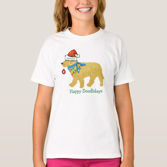 Personalised Naughty Christmas Goldendoodle T-Shirt (Front)