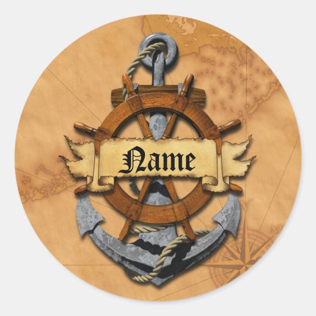 Personalised Nautical Anchor And Wheel Classic Round Sticker (Front)