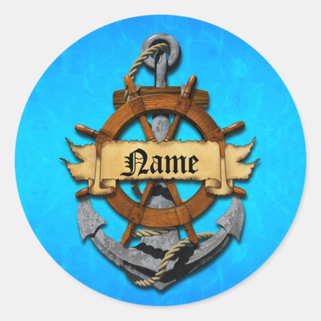Personalised Nautical Anchor And Wheel Classic Round Sticker (Front)
