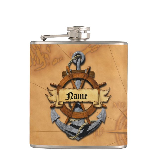 Personalised Nautical Anchor And Wheel Hip Flask (Front)