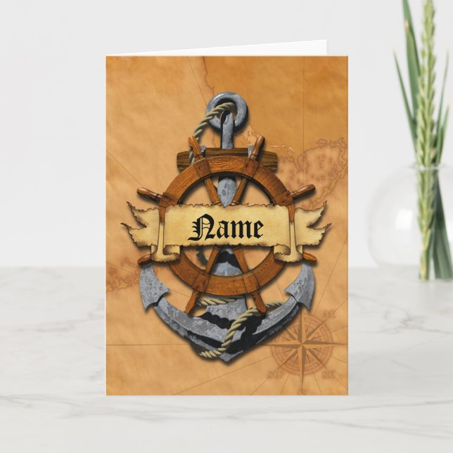 Personalised Nautical Anchor And Wheel Note Card (Front)