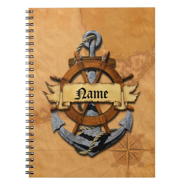 Personalised Nautical Anchor And Wheel Spiral Notebook (Front)