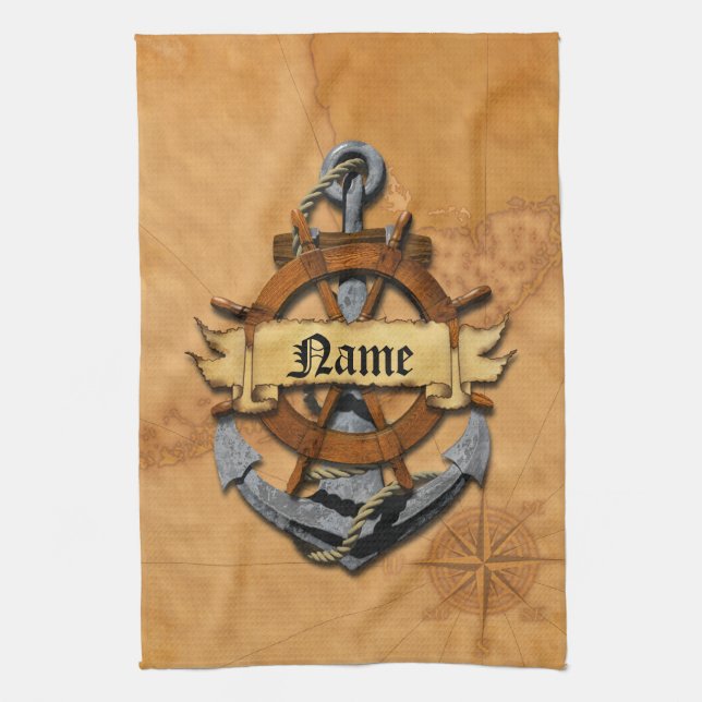 Personalised Nautical Anchor And Wheel Tea Towel (Vertical)