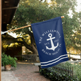 Personalised Nautical Anchor Navy Blue Beach House Flag