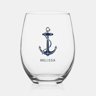 Personalised Nautical Anchor Navy Blue Boat Name Stemless Wine Glass