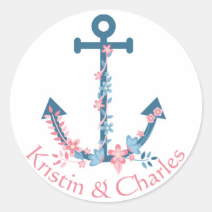 Personalised Nautical Anchor Pink Blue Flowers Classic Round Sticker