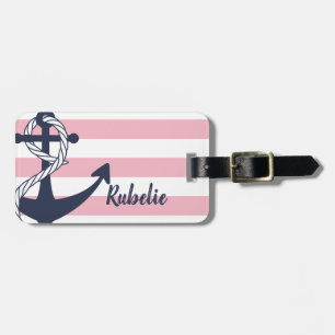 Personalised Nautical Anchor Pink Stripes Bag Tag