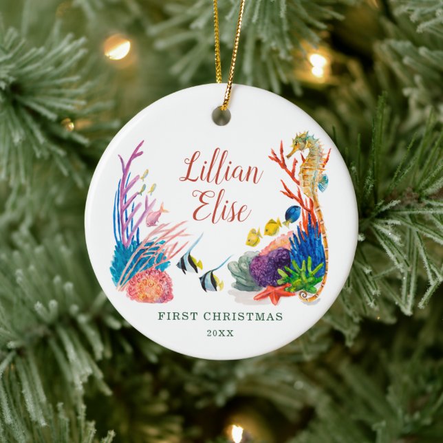 Personalised Nautical Beach Ocean Island Baby 1st Ceramic Tree Decoration (Tree)
